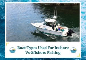 A motorboat cruising on the water, equipped with fishing gear and a covered cabin. The boat is seen from above, moving through calm waters. The image is framed by a design resembling water waves. Below the photo is a caption: 'Boat Types Used For Inshore Vs Offshore Fishing' with two small circular icons depicting a boat on water, which is the logo of Fish Daily Charters.