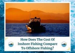 A boat silhouetted against an orange sunset, floating on calm water with mountains visible in the background. The image is framed by a design resembling water waves. Below the photo is a caption: 'How Does The Cost Of Inshore Fishing Compare To Offshore Fishing?' with two small circular icons depicting a boat on water, which is the logo of Fish Daily Charters. 
