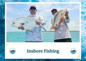 Two men holding up their catches on a boat, both wearing sunglasses and light-colored long-sleeve shirts. One man is holding a large permit fish, while the other man holds a red snapper. The background features clear blue water and a bright sky with some clouds. The image is framed by a design resembling water waves. Below the photo is a caption: 'Inshore Fishing' with two small circular icons depicting a boat on water, which is the logo of Fish Daily Charters