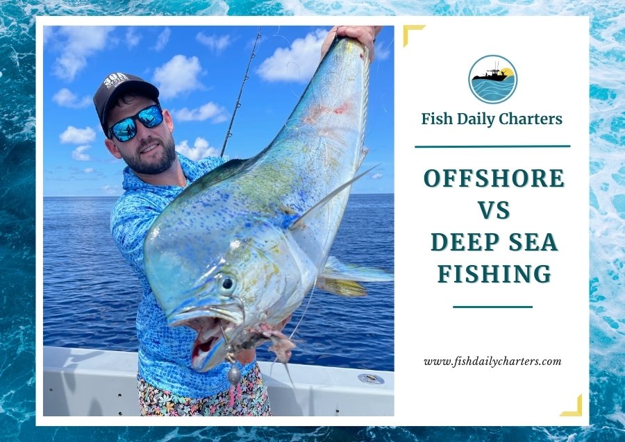 The image shows a fisherman holding up a large, vibrant Mahi-Mahi fish on a boat with clear blue ocean waters and a bright sky in the background. The fisherman is wearing sunglasses, a cap, and a patterned shirt, smiling proudly at his catch. The right side of the image features the Fish Daily Charters logo, the text "OFFSHORE VS. DEEP SEA FISHING," and the website www.fishdailycharters.com.