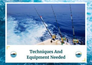 The image shows the stern of a boat equipped with multiple fishing rods and reels set up for trolling. The boat is moving through the deep blue ocean, leaving a trail of white wake behind. The clear sky and calm waters create an ideal fishing environment. The text below reads, "Techniques And Equipment Needed" along with the Fish Daily Charters logo.