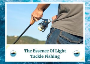 The image shows a close-up of a person holding a fishing rod with a light tackle reel. The person is wearing jeans and a gray t-shirt, and they are standing near a scenic area with hills and trees in the background. The text at the bottom of the image reads The Essence Of Light Tackle Fishing, with the Fish Daily Charters logo on either side.