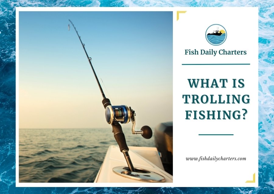The image shows a trolling rod and reel set up on a boat, with the fishing line extended into the water. The scene is set against the backdrop of calm ocean waters and a setting sun, creating a peaceful and inviting atmosphere. The right side of the image features the Fish Daily Charters logo, the text "WHAT IS TROLLING FISHING?" and the website www.fishdailycharters.com.