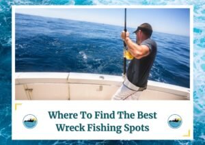 The image shows an angler actively fishing from the stern of a boat, reeling in a catch with a golden fishing reel. The clear blue ocean and a cloudless sky provide a beautiful and expansive backdrop, capturing the essence of wreck fishing in ideal conditions. The text below reads, "Where To Find the Best Wreck Fishing Spots" along with the Fish Daily Charters logo.