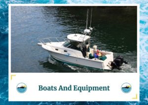 The image shows a motorboat navigating through calm waters. The boat is equipped with fishing gear and other equipment visible on the deck, including fishing rods and storage containers. The text at the bottom of the image reads Boats And Equipment, with the Fish Daily Charters logo on either side.