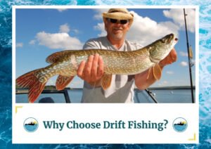 A man wearing a hat and sunglasses holds up a large fish he caught while on a boat. The sky is clear with a few clouds, and the background shows calm water and a distant shore. The text at the bottom of the image reads Why Choose Drift Fishing? with the Fish Daily Charters logo on either side.